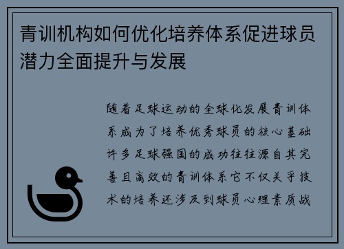 青训机构如何优化培养体系促进球员潜力全面提升与发展