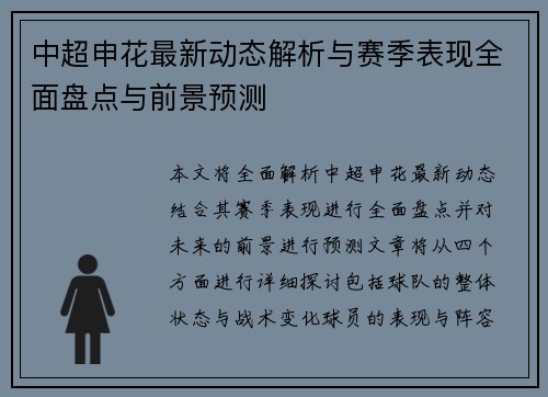 中超申花最新动态解析与赛季表现全面盘点与前景预测