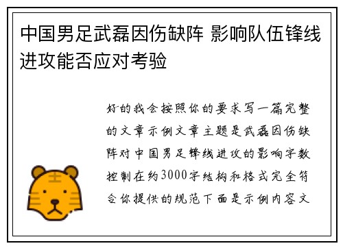 中国男足武磊因伤缺阵 影响队伍锋线进攻能否应对考验