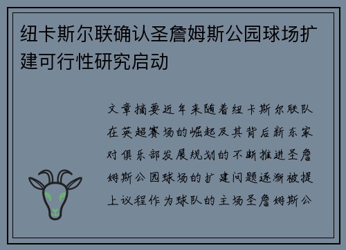 纽卡斯尔联确认圣詹姆斯公园球场扩建可行性研究启动
